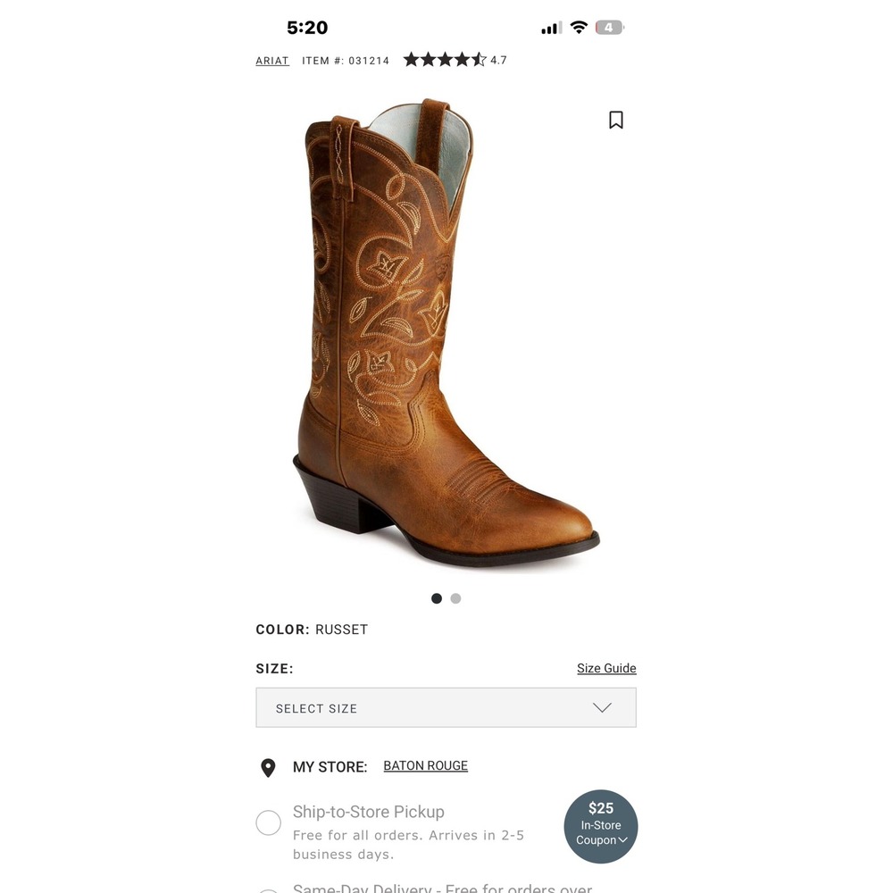 Ariat Heritage Western R-Toe Boots Russet Brown Leather Floral Stitch 031214 7.5